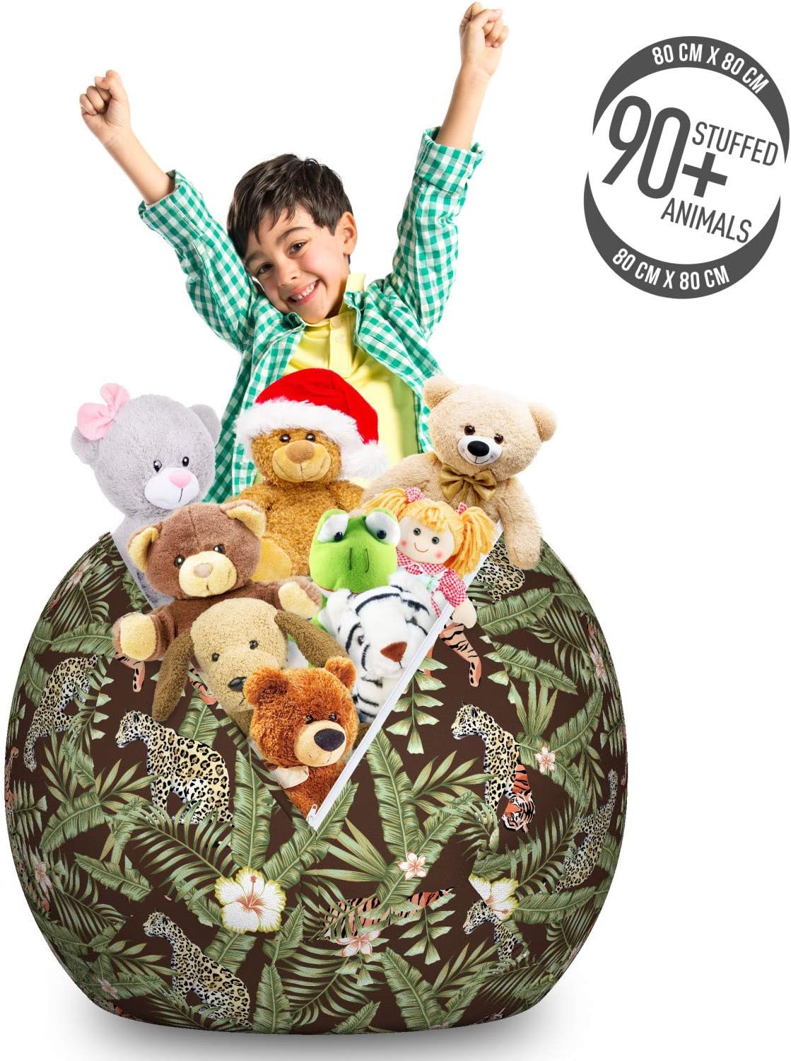 Lunarable Savannah Storage Toy Bag Chair, Composition of Tropical Leaves Hibiscus Flower with Wild Animals Leopard and Tiger, Stuffed Animal Organizer Washable Bag, Large Size, Multicolor