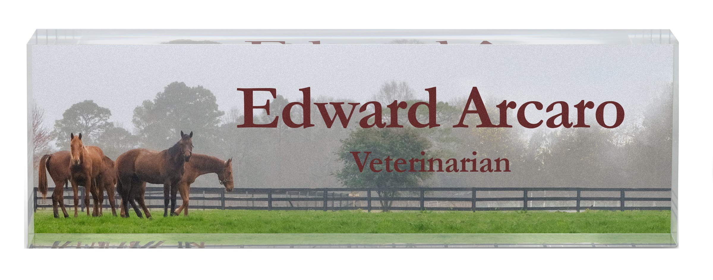 Infusion Personalized Office Desk Name Plate Acrylic Glass Block (10 x 3 x 1.25", Horse Farm)