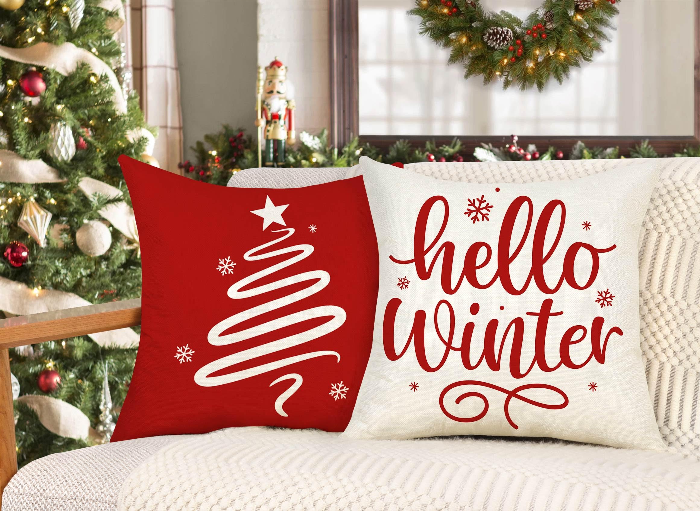 4TH Emotion Red Christmas Pillow Covers 18x18 Set of 4 Farmhouse Xmas Decorations Snowflake Hello Winter Holiday Decor Throw Cushion Case for Home Couch S24C17 3