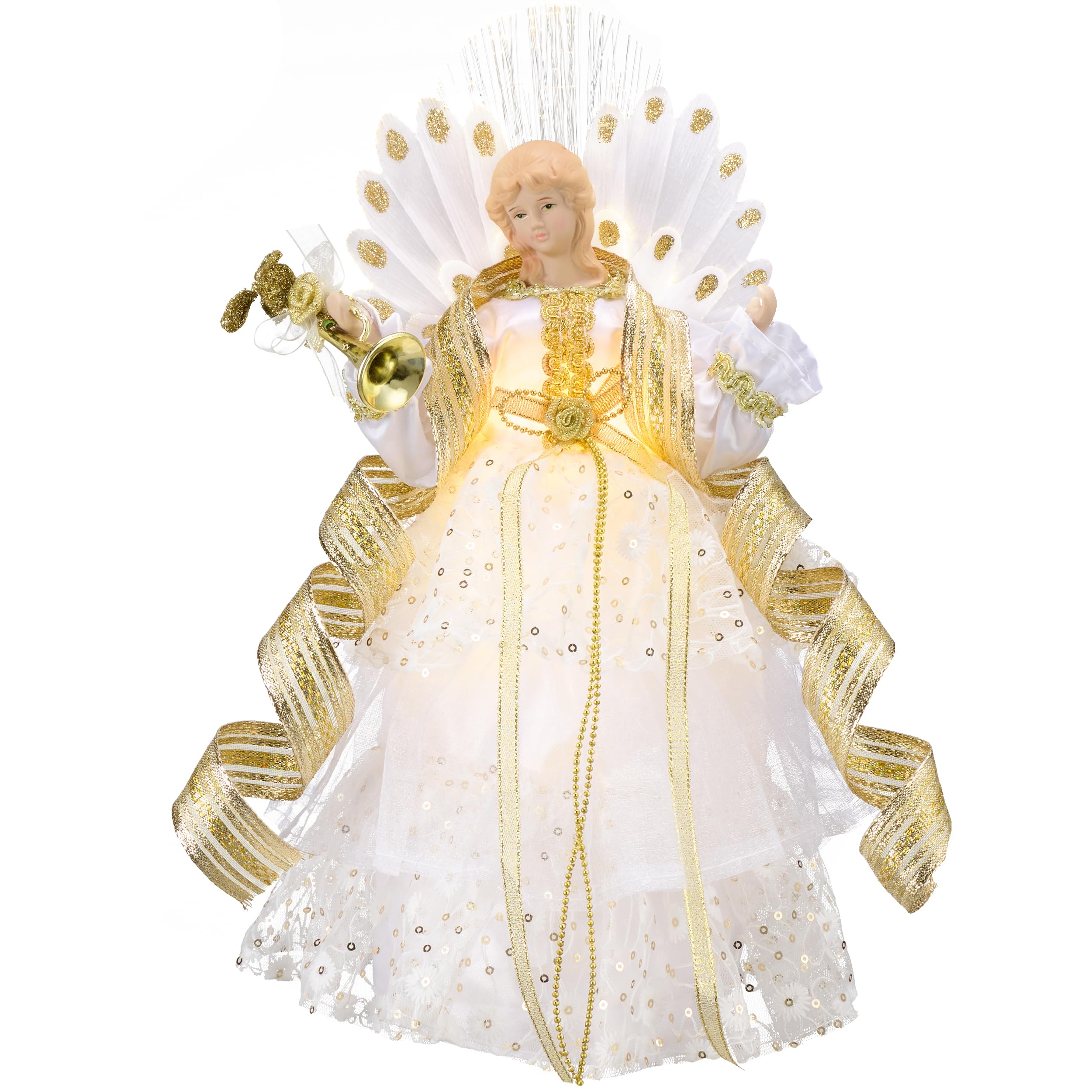 Valery Madelyn 26cm Weihnachtsengel Weihnachtsbaumspitze Weihnahctdekorationen Engel Christbaumspitze mit 10 batteriebetrieben warmen LED-Lichtern Weiß Golde（M）