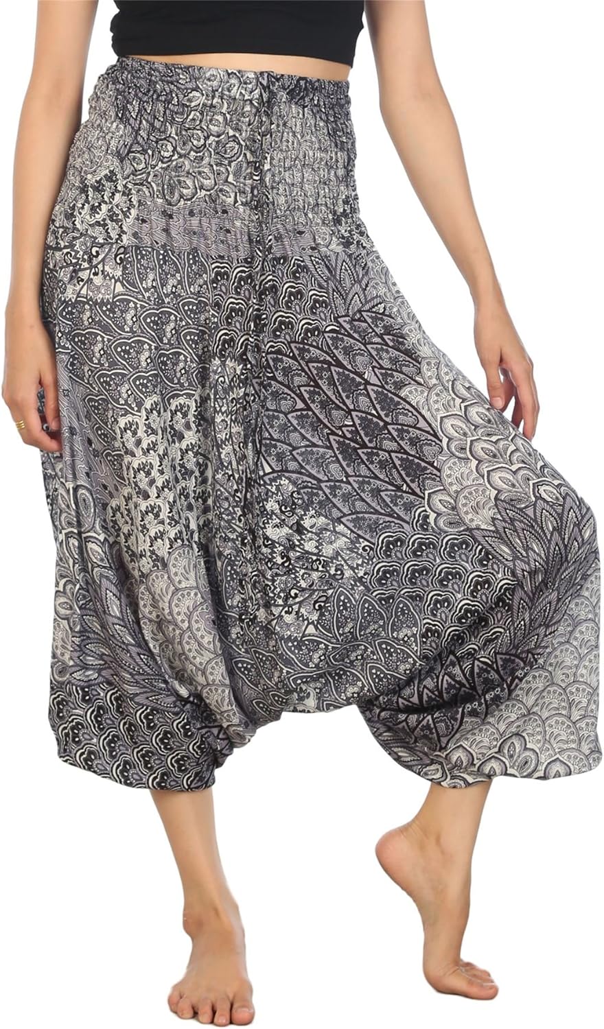 LOFBAZ Yoga Harem Pants for Women Boho Hippie Bohemian Clothing Womens Indian Beach Gypsy Clothes Maternity Genie Jumpsuit Peacock 1 Black B M