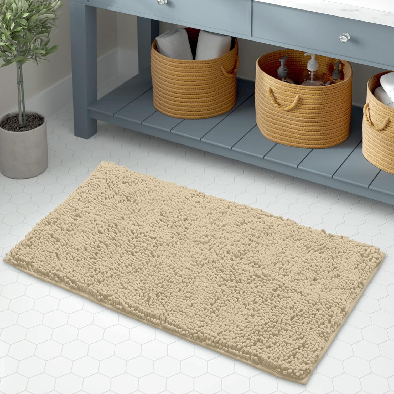 LuxUrux Birch Bliss Bath Bundle: Plush Chenille Bath Mat Set + Extra-Soft Microfiber Shaggy Rug (31''x20'' + 20''x20'' U) & (24''x17'')