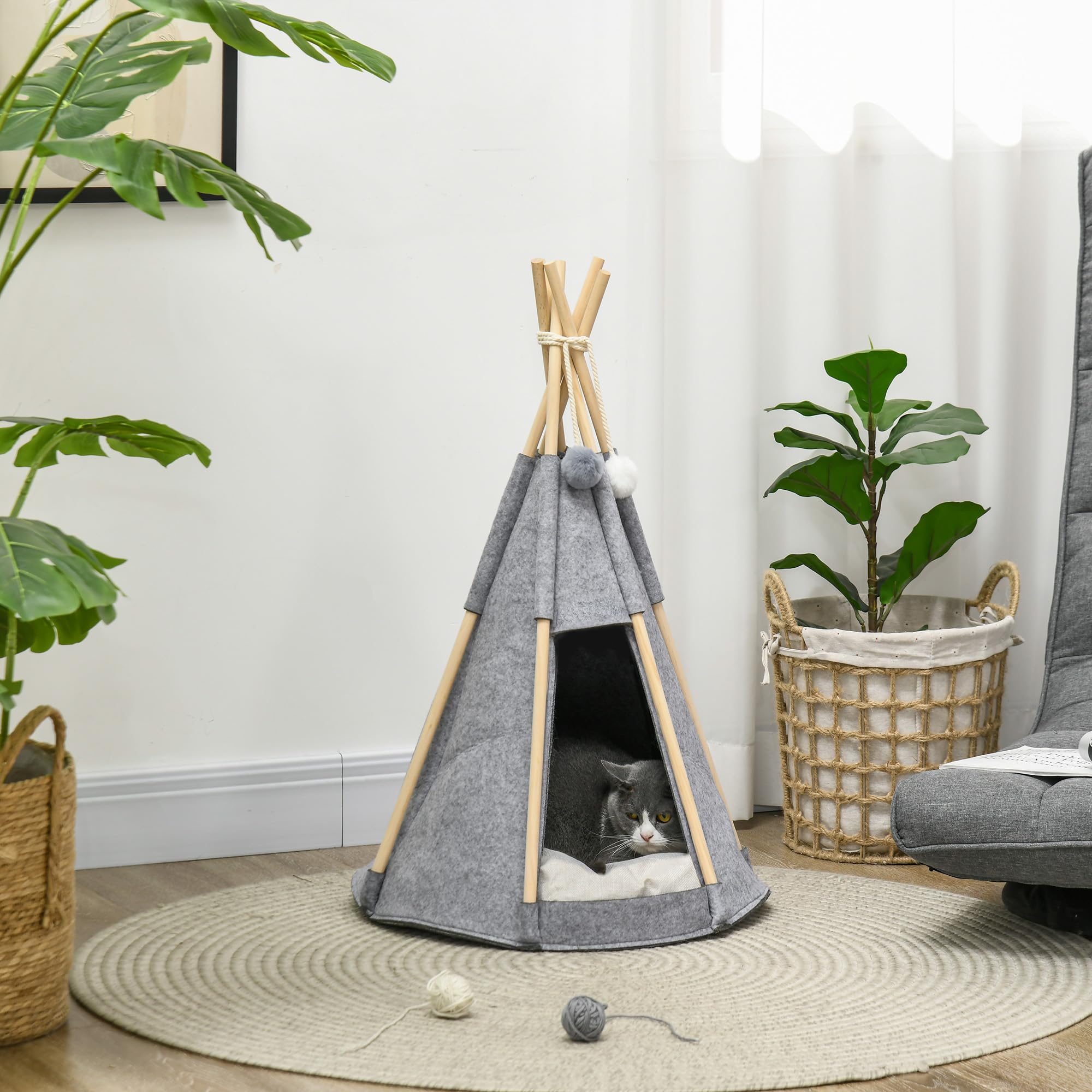 PawHut Namiot tipi dla zwierząt - Teepee Cat or Dog - Gruba poduszka Grand Comfort 2 pompki w zestawie - domek dla kota, struktura drewna sosnowego, filc pluszowy, szary