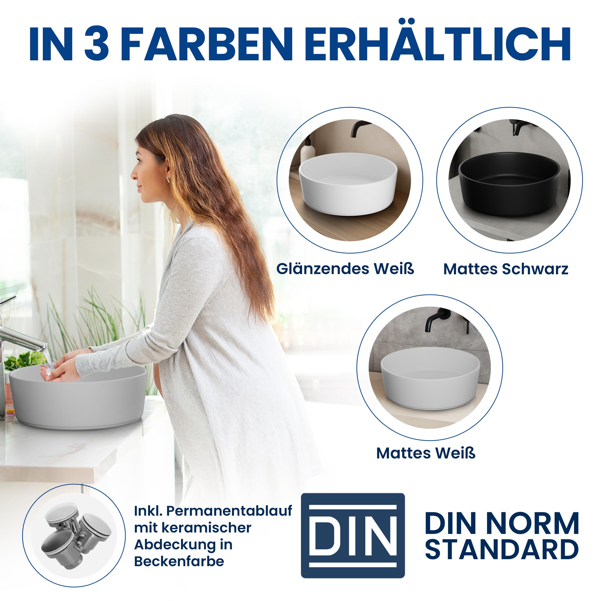 rtmr Aufsatzwaschbecken, Waschbecken rund 36 cm – Keramik Waschschale weiß matt – modernes Design Waschtisch Schüssel für Bad & Gäste-WC – Waschbecken rund inkl. Siphon