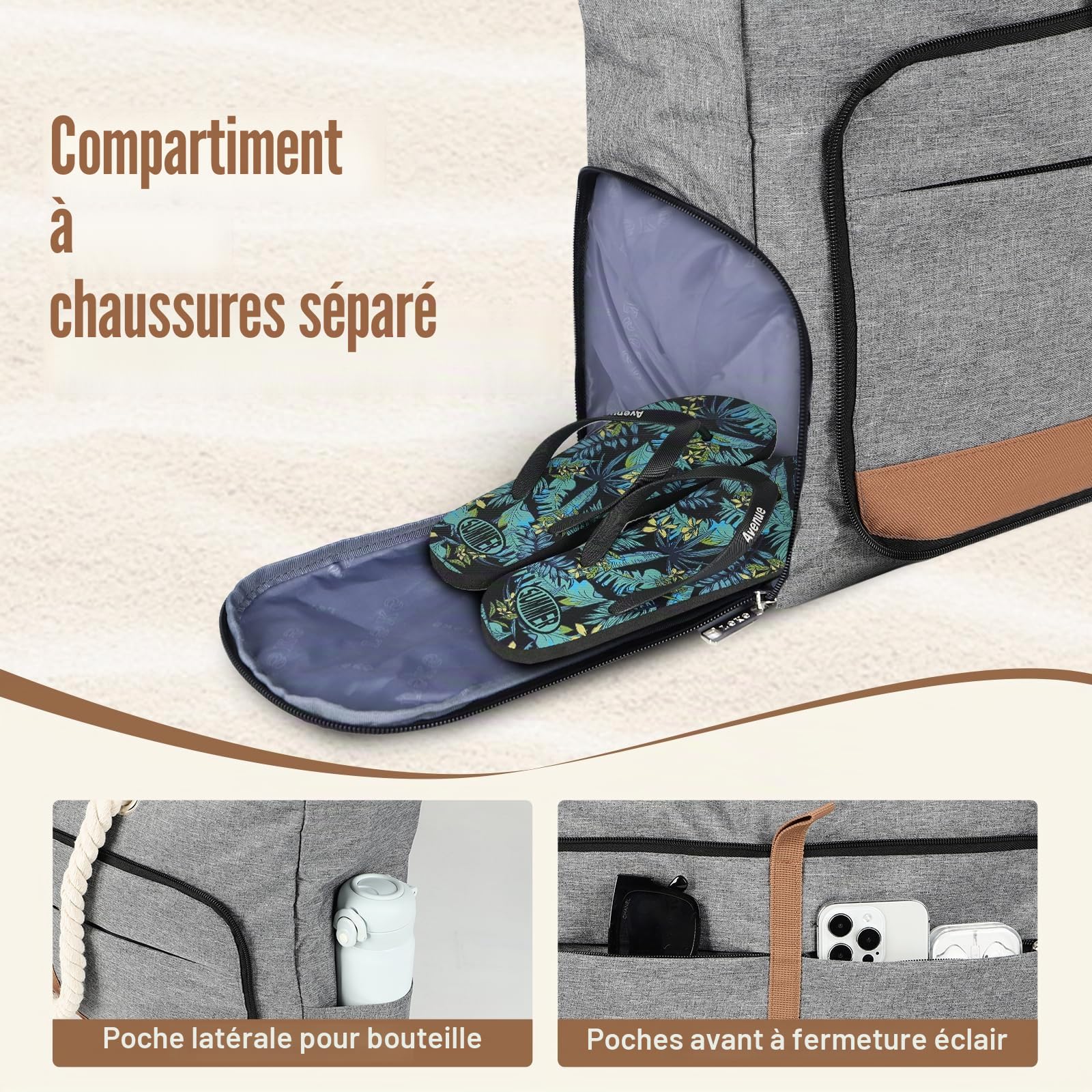 XXL Grand Sac de Plage Femme avec Compartiment Chaussures Séparé, 35 Litres - Cabas Plage Pliable Imperméable, Idéal pour la Plage, les Voyages et un Usage Quotidien - Gris