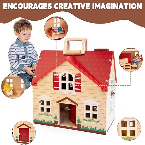 Miniatura 4 de Casa de muñecas plegable de madera con 13 muebles, 4 habitaciones y 2 muñecas flexibles, juego de casa de muñecas con mango portátil, regalo de