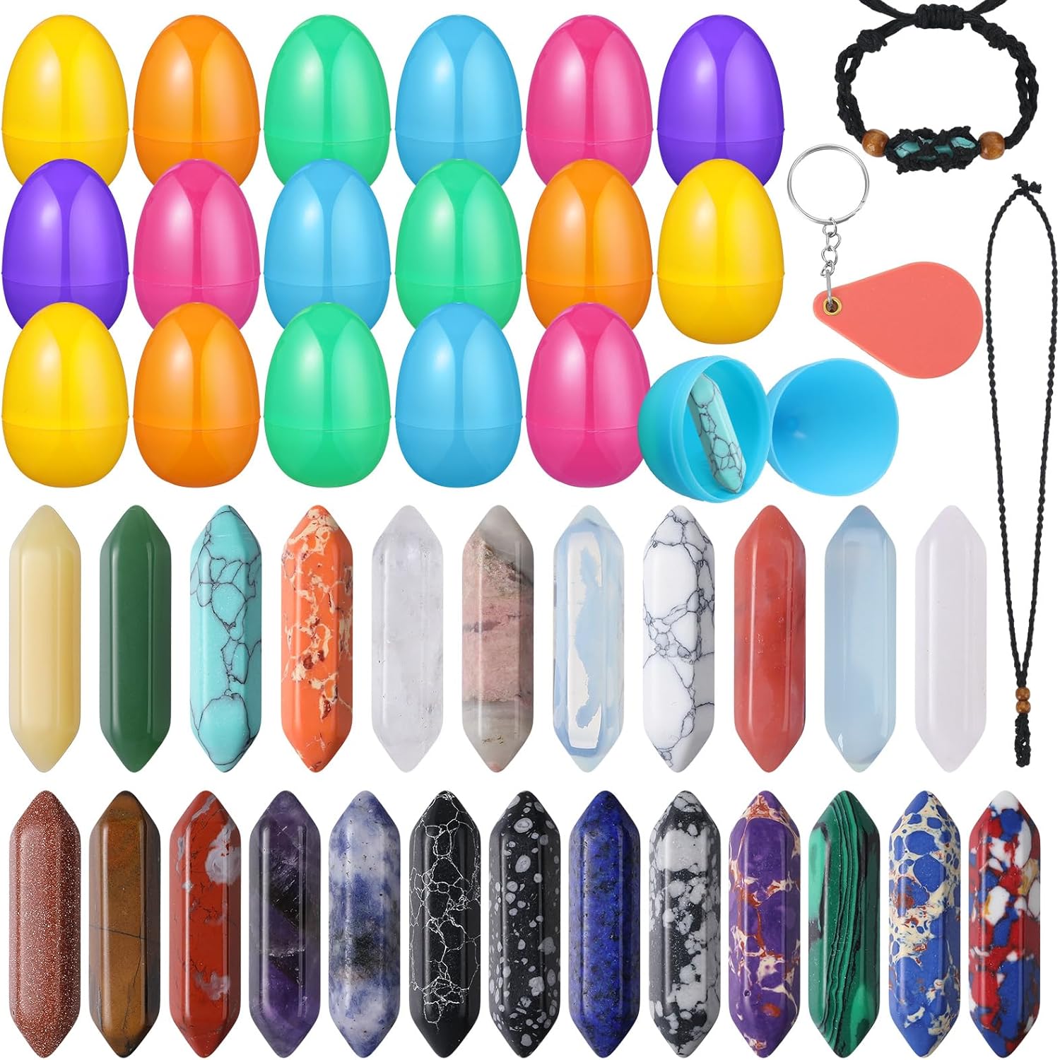 Kenning 24 Sets Prefilled Easter Eggs Fillers with Natural Crystals Stones Mesh Necklace Bracelet Rope for Easter Basket Stuffers Egg Hunt Gifts Classroom Rewards Party Favors