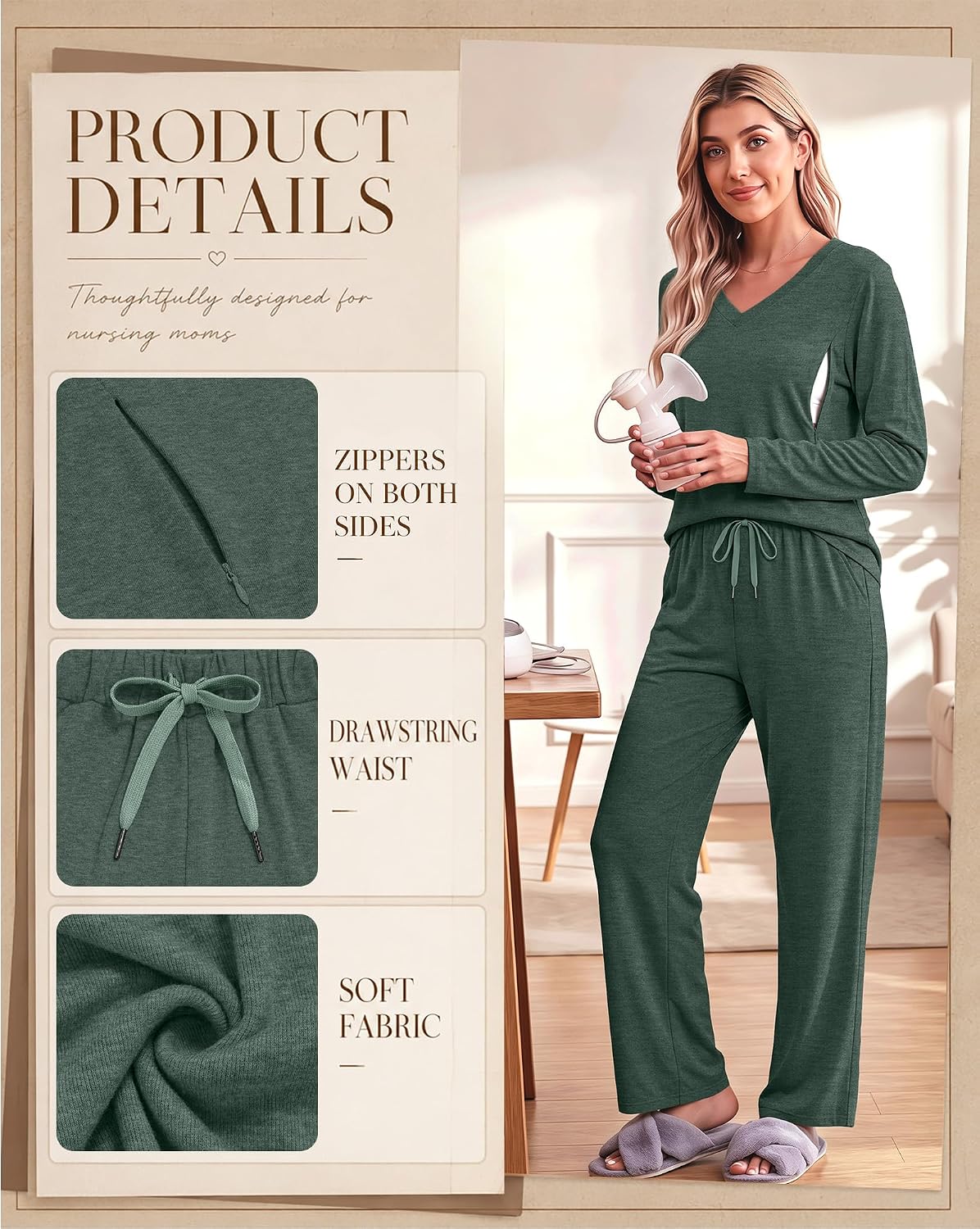 Neer 2 Piece Maternity Nursing Lounge Set | Breastfeeding Friendly, Hidden Zippers, Long Sleeve V Neck Shirt, Wide Leg Pants, Soft Fabric, Daily Wear, Postpartum, Pjs