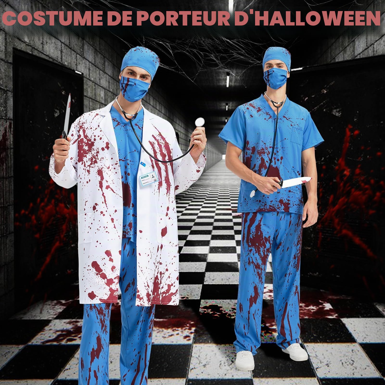 YOOHBERRYS Deguisement Medecin Zombie Homme, Costume Docteur Halloween Horreur, Deguisement Chirurgien Terrifiant Adulte-Blouse, Haut, Pantalon, Chapeau, Masque, Stéthoscope, Faux Couteau, Carte