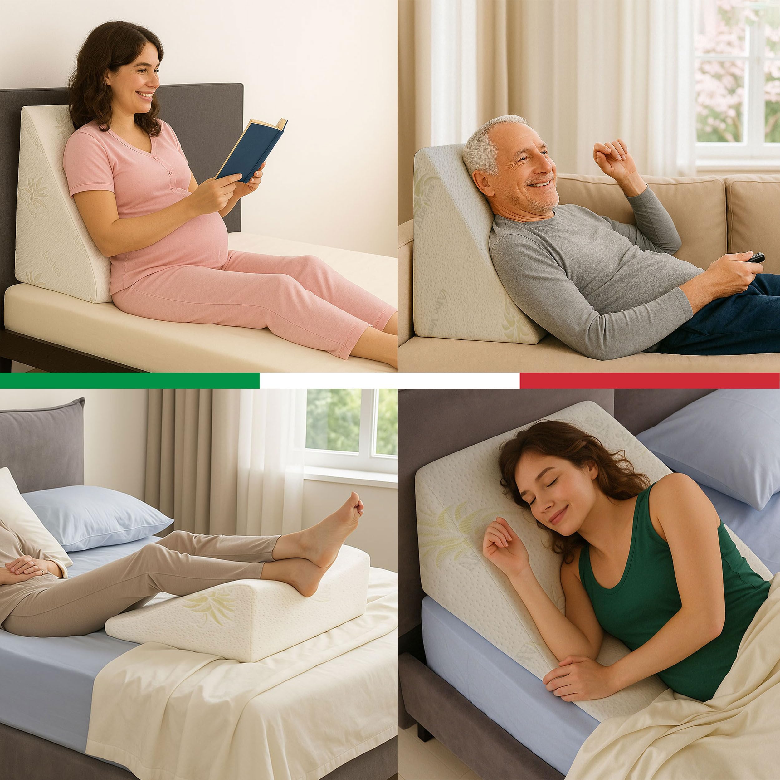 GEEMMA Cuscino cuneo letto, cuscino antireflusso, DISPOSITIVO MEDICO, cuscino gambe con tessuto ALOE VERA sfoderabile. Cuscino schienale letto con INNOVATIVO interno elastico - CUSCINO REFLUSSO.