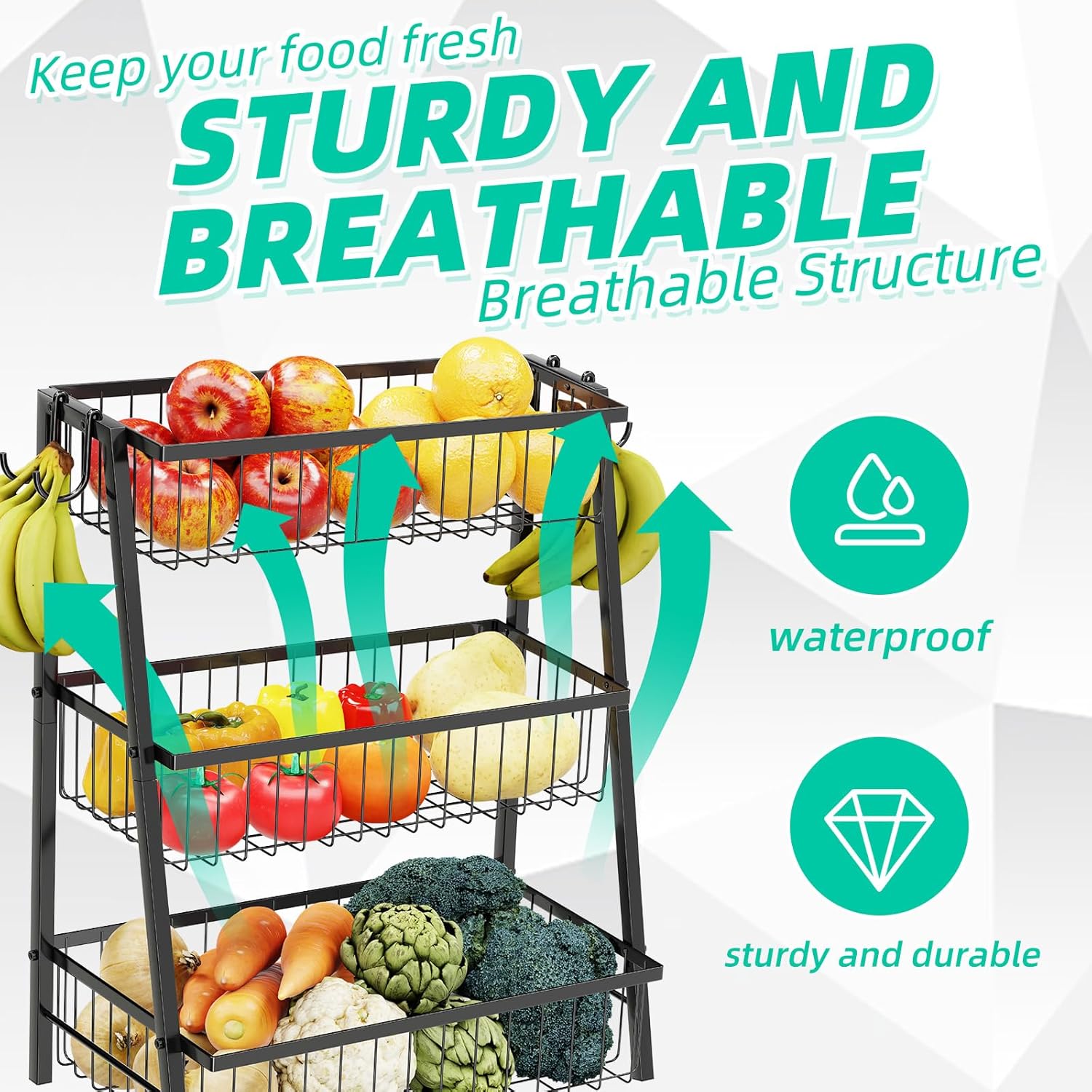 Simple Trending 3-Tier Trapezoidal Fruit Basket with 4 Banana Hooks, Extra Large Metal Wire Kitchen Organizer for Countertop - Rust-Proof for Fruits, Vegetables, Snacks, Bread Storage, Black - Image 3