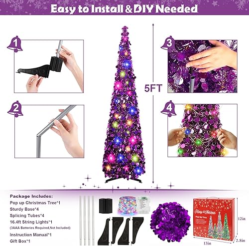 Miniatura 3 de MACTING - Árbol de Navidad de oropel de 5 pies con soporte