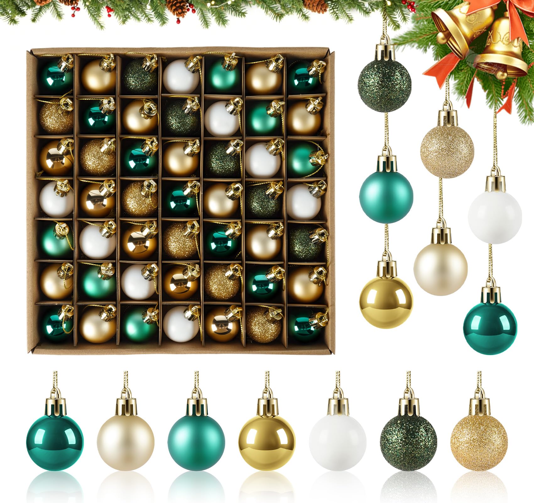 Agoer 49 Stück kleine Christbaumkugeln Grün,Gold,Weiße,7 Designs Weihnachtsbaum Kugeln Kunststoff mit Aufhänger,3cm Weihnachtskugeln Plastik Klein für Hotel-Lobbys und Festliche Geschäftsdekoration