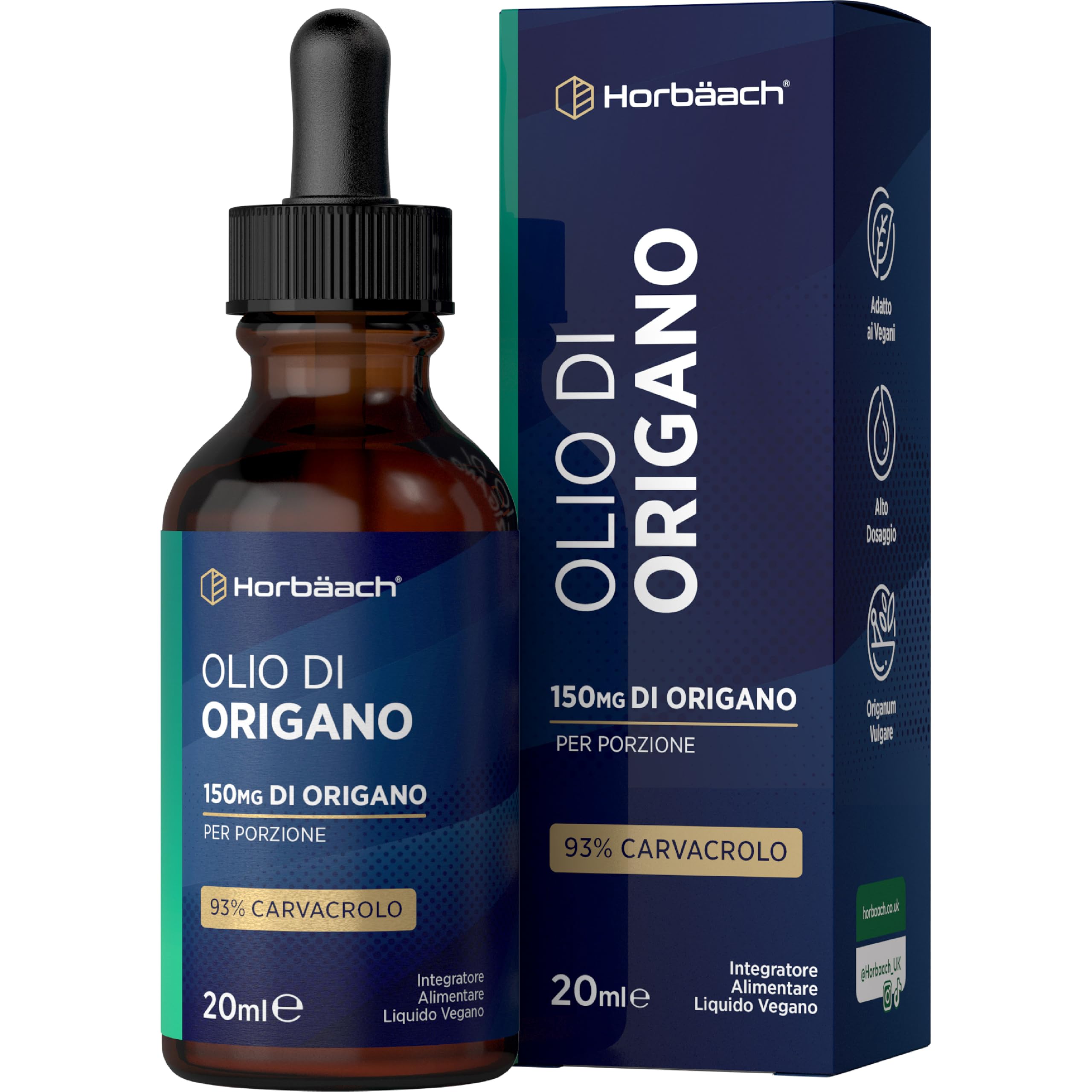 Olio di Origano Gocce | 100% Puro | Alto dosaggio di Carvacrolo | 20 ml | Vegano | Horbaach