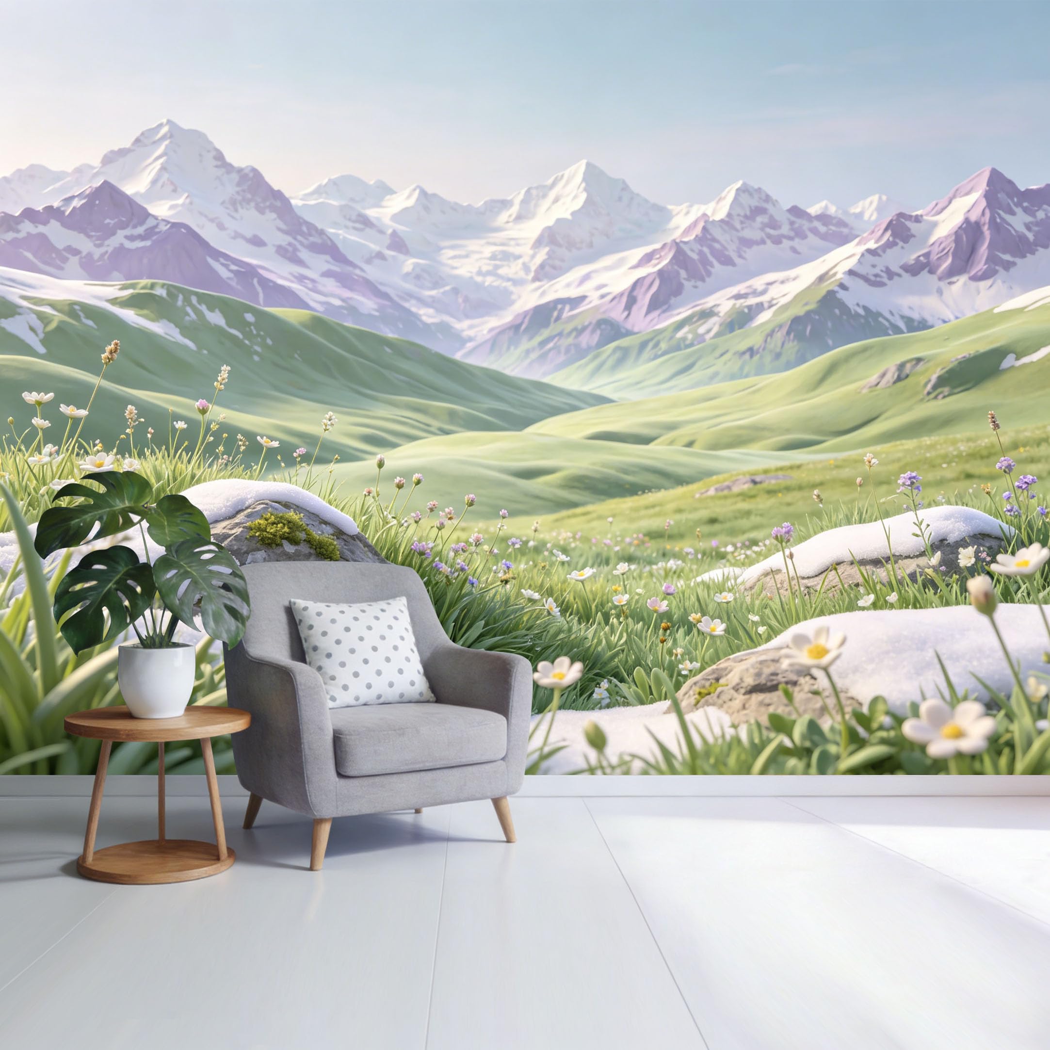 Custom Size Wall Mural Snowy Mountain Meadow Landscape Wildflower Field Nature Scenic View SelfAdhesive Wall Fabric Removable Wallpaper for Home Office Decor
