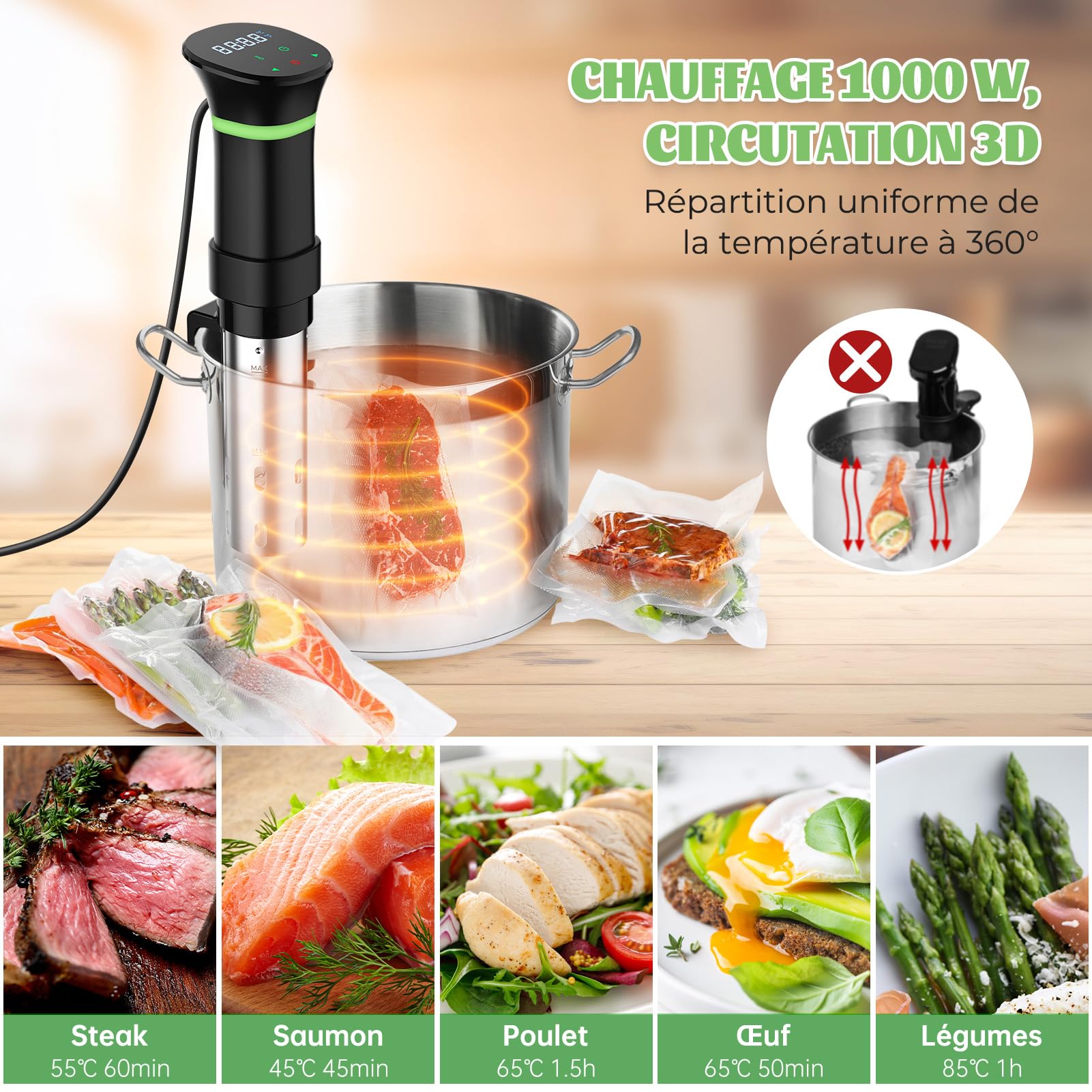 Thermoplongeur Sous Vide Cuiseur Sous Vide 1000W Calculateur dImmersion Cuisinière Thermostat Réglable Contrôle Précis de la Température pour Viande Oeuf Légume Écran Tactile LCD 25 à 92,5℃