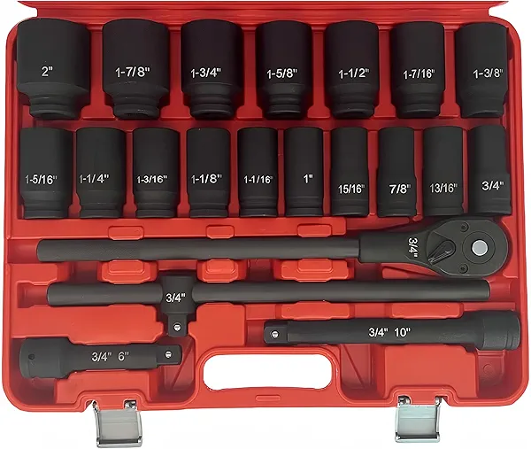 TONYNOL 3/4 Inch Drive Impact Socket Set,6 Point,SAE Sizes(3/4" to 2"),21Pcs,Cr-Mo Steel,Includes Adapters and Quick Release Ratchet Wrench,With a Storage Case.
