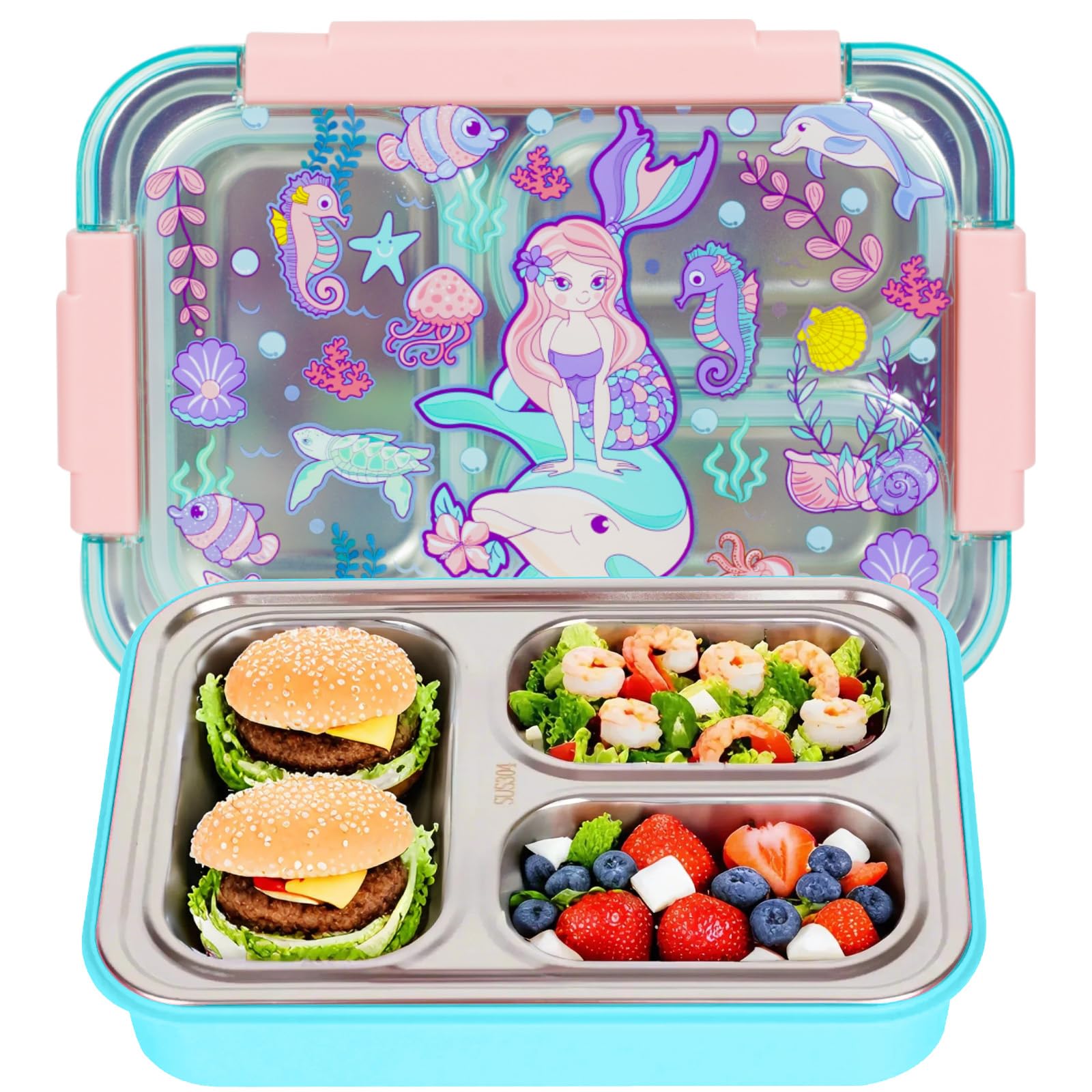 YOYTOO Stainless Steel Bento Lunch Box for Kids, 710ml/23.5oz BPA-Free Leak-Proof Food Containers with 3 Compartments, Back to School Students Daycare