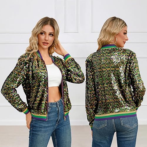 Miniatura 2 de CGGMVCG Chaquetas de Mardi Gras con lentejuelas para mujer, con cremallera frontal abierta, manga larga, para fiesta, brillante con purpurina