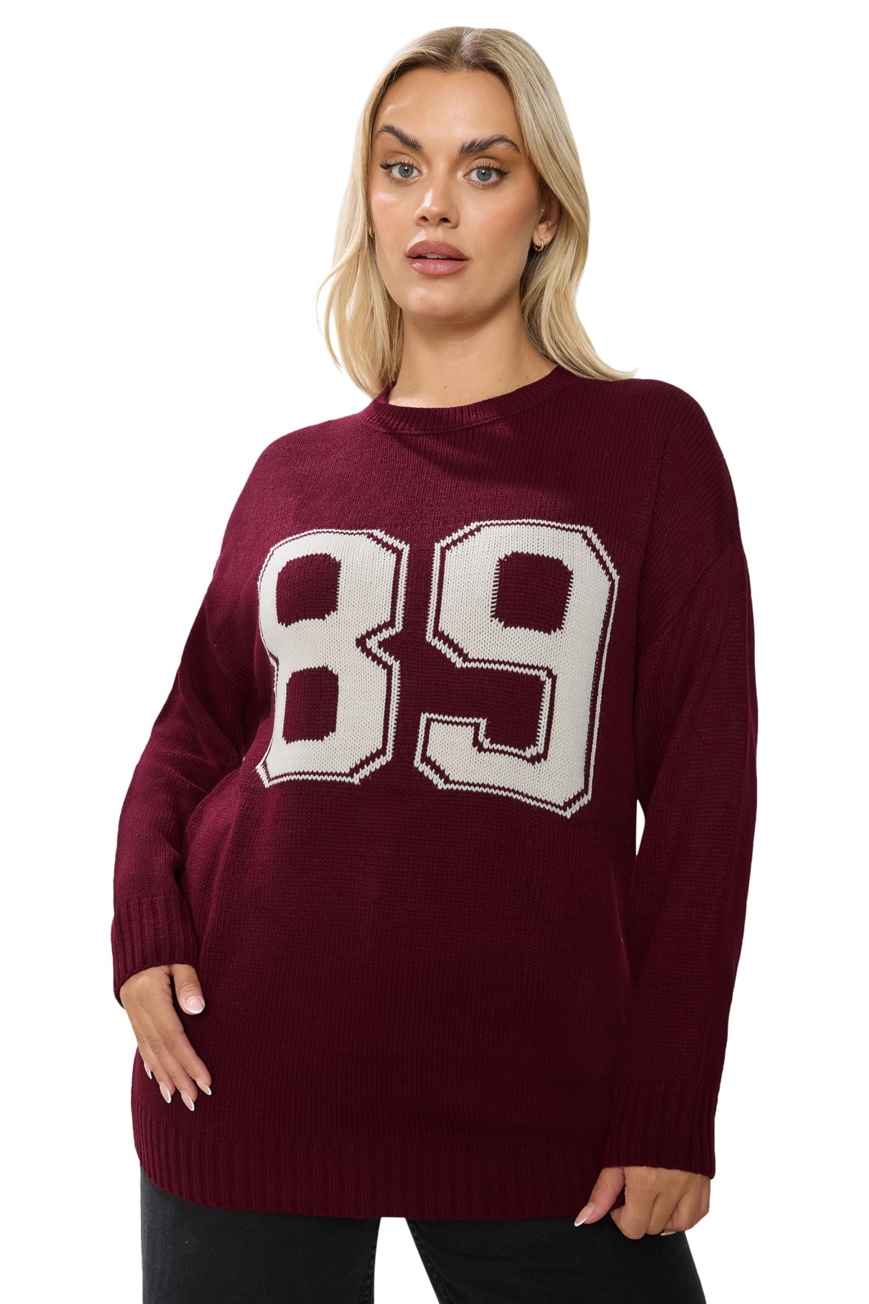 Yours Women's Burgundy Curve Red '89' Slogan Knitted Jumper - Plus Size Curve