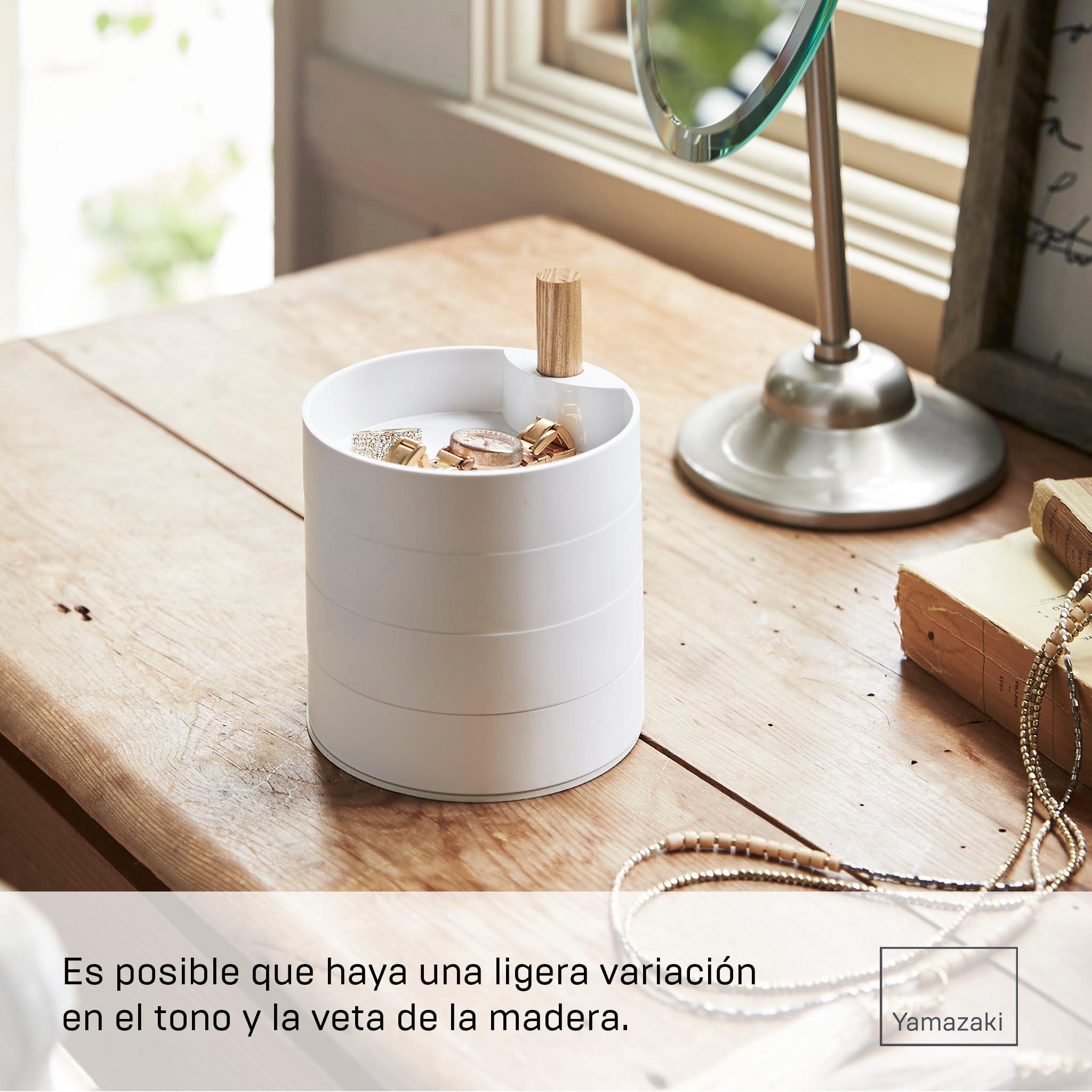 YAMAZAKI 3408 TOSCA Estuche de accesorios de 4 niveles, blanco, Acero/Madera/Resina ABS, minimalista, 10 x 10 x 12.2 cm
