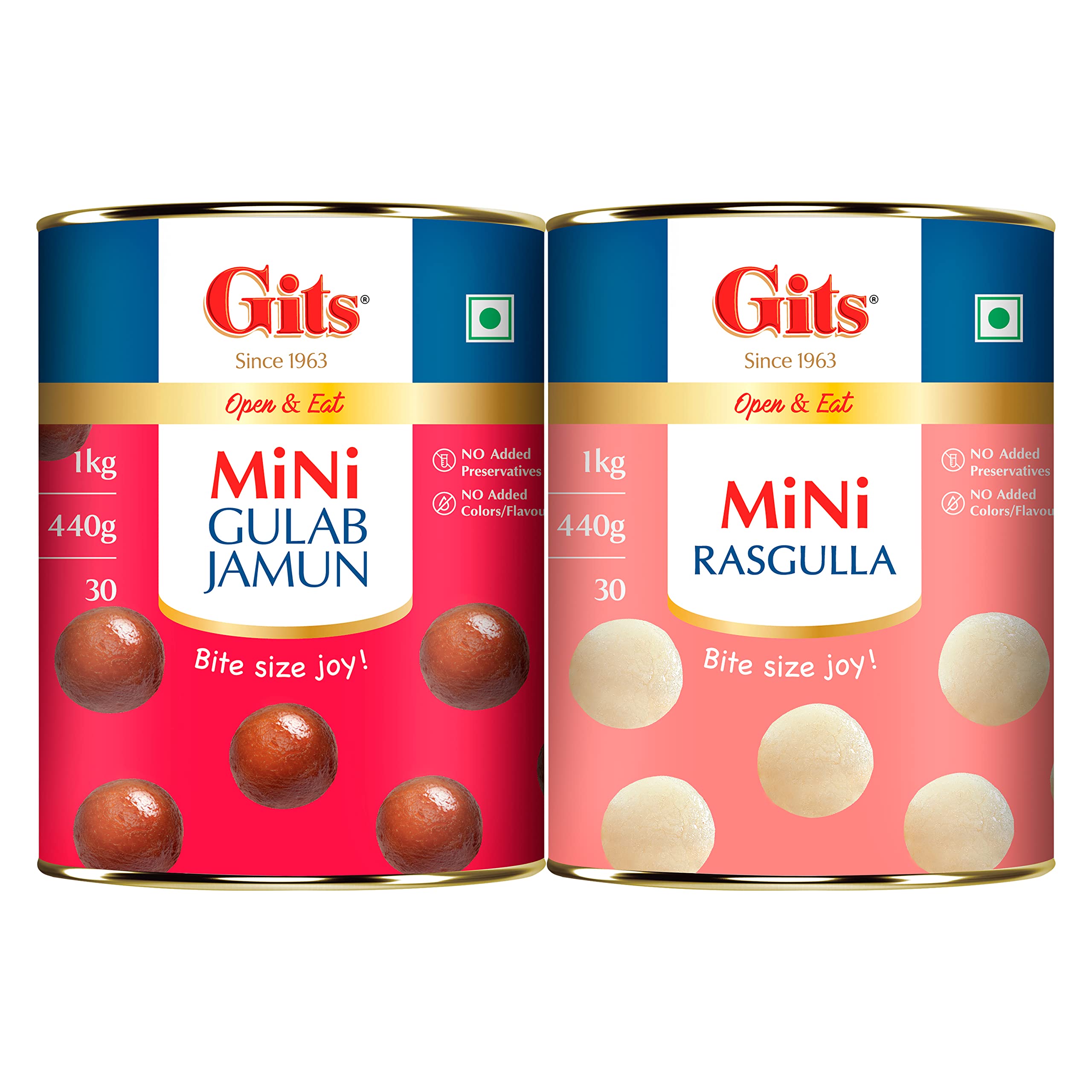 Gits MiNi Gulab Jamun + MiNi Rasgulla | 2Kg (1Kg MiNi Gulab Jamun Tin + 1Kg MiNi Rasgulla Tin) | Open & Eat | 30 Pieces Per Can | Mouth-Watering Indian Mithai | Festive combo (B0B944NYR9) Amazon Price History, Amazon Price Tracker