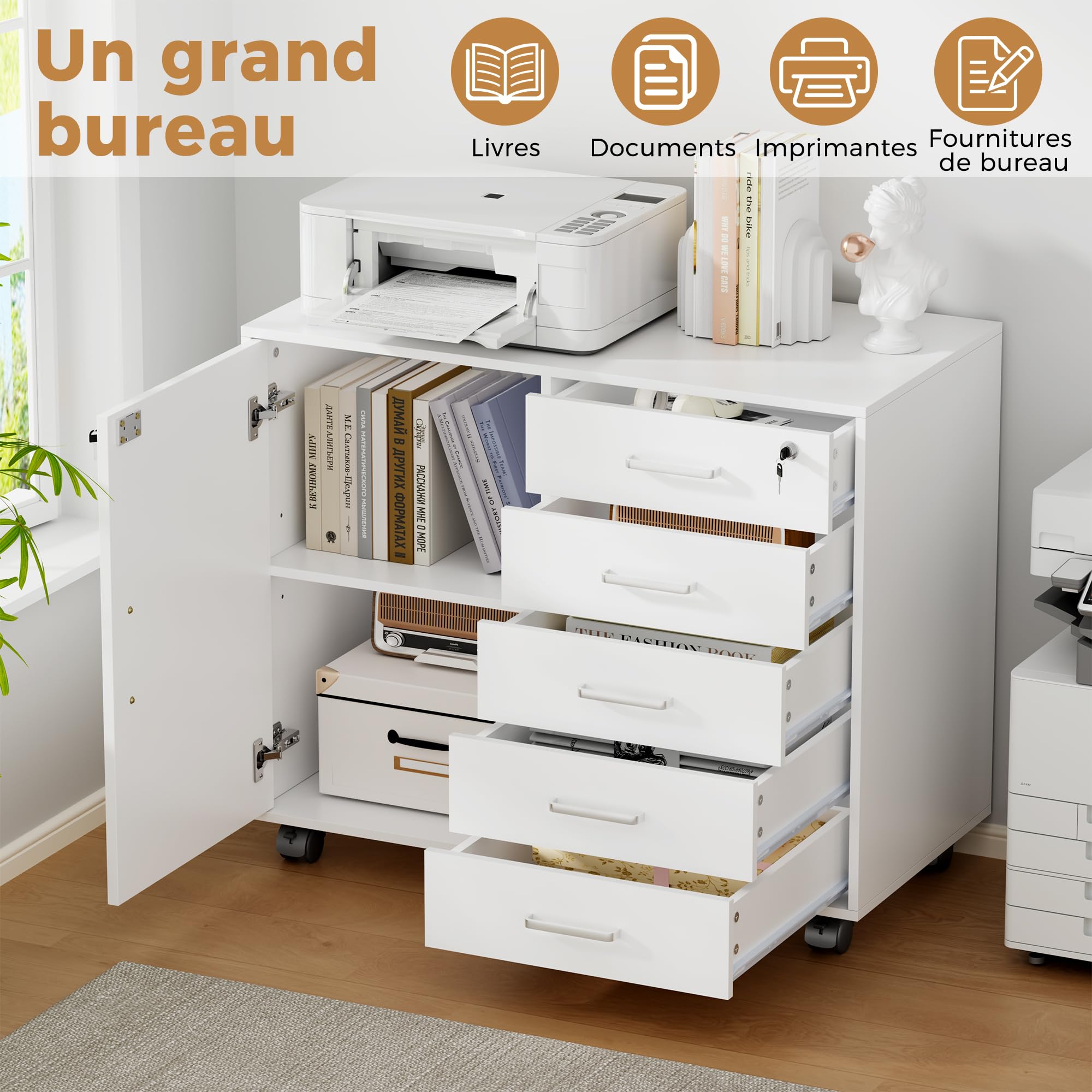 BEWISHOME Caisson de Bureau Rangement à 5 Tiroirs Verrouillables, Meuble Rangement Bureau avec 5 roulettes, Meuble imprimante Mobile avec 3 étagères réglables, Poignées métalliques, 78x40x65,5 cm