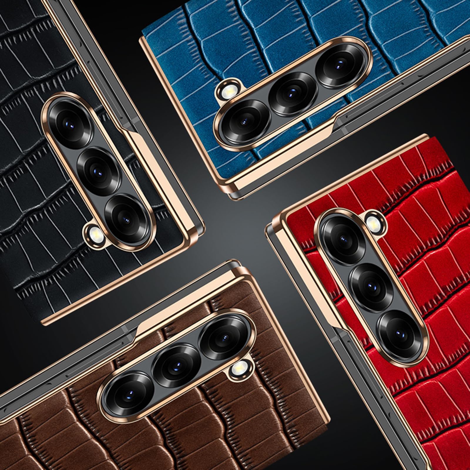 Ribalta Custodia per Samsung Galaxy Z Fold 8 Ultra, Placcata Modello Coccodrillo | Pelle Vera Leggero Lusso Cover Affari Sottile Bordo Oro Fotocamera Protezione Guscio,Nero,Fold 8 Ultra