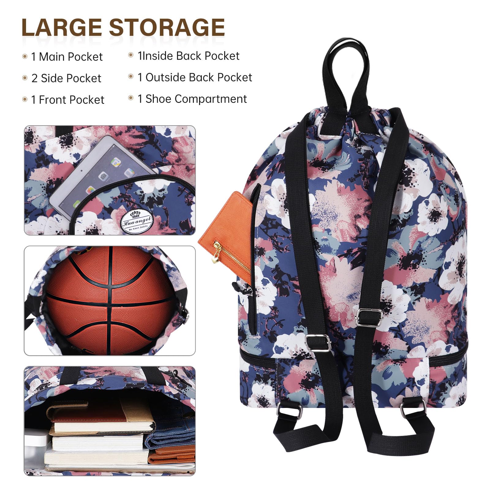HUA ANGEL Unisex Drawstring Backpack Sports Gym Bag Drawstring Bag Weekend Daypack With Shoe Compartment for Women Men Basketball Football Outdoor Fitness Yoga Swimming Beach - Image 3