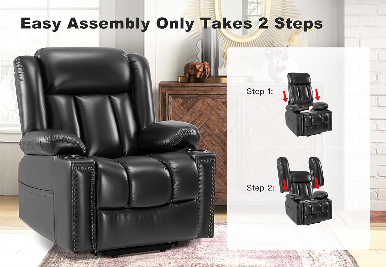 Small Power Lift Chairs Recliners for Elderly Petite Women and Men with Heat and Massage, 3 Position Lift Recliner Chair, Breathable Leather, Remote with USB-A and USB-C, Cup Holders, Black