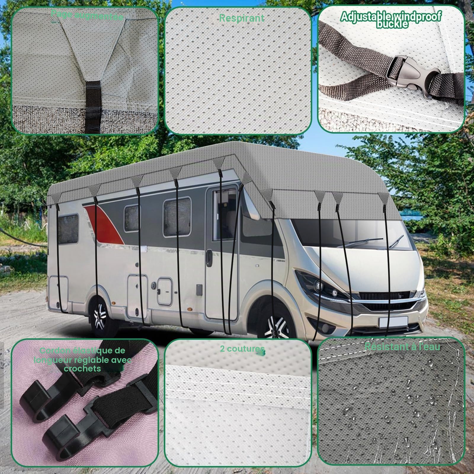 Housse de toit pour caravane, 4 couches imperméables et résistantes en gris pour camping-car, bâche respirante et anti-poussière pour caravane (7,5 x 3 m)