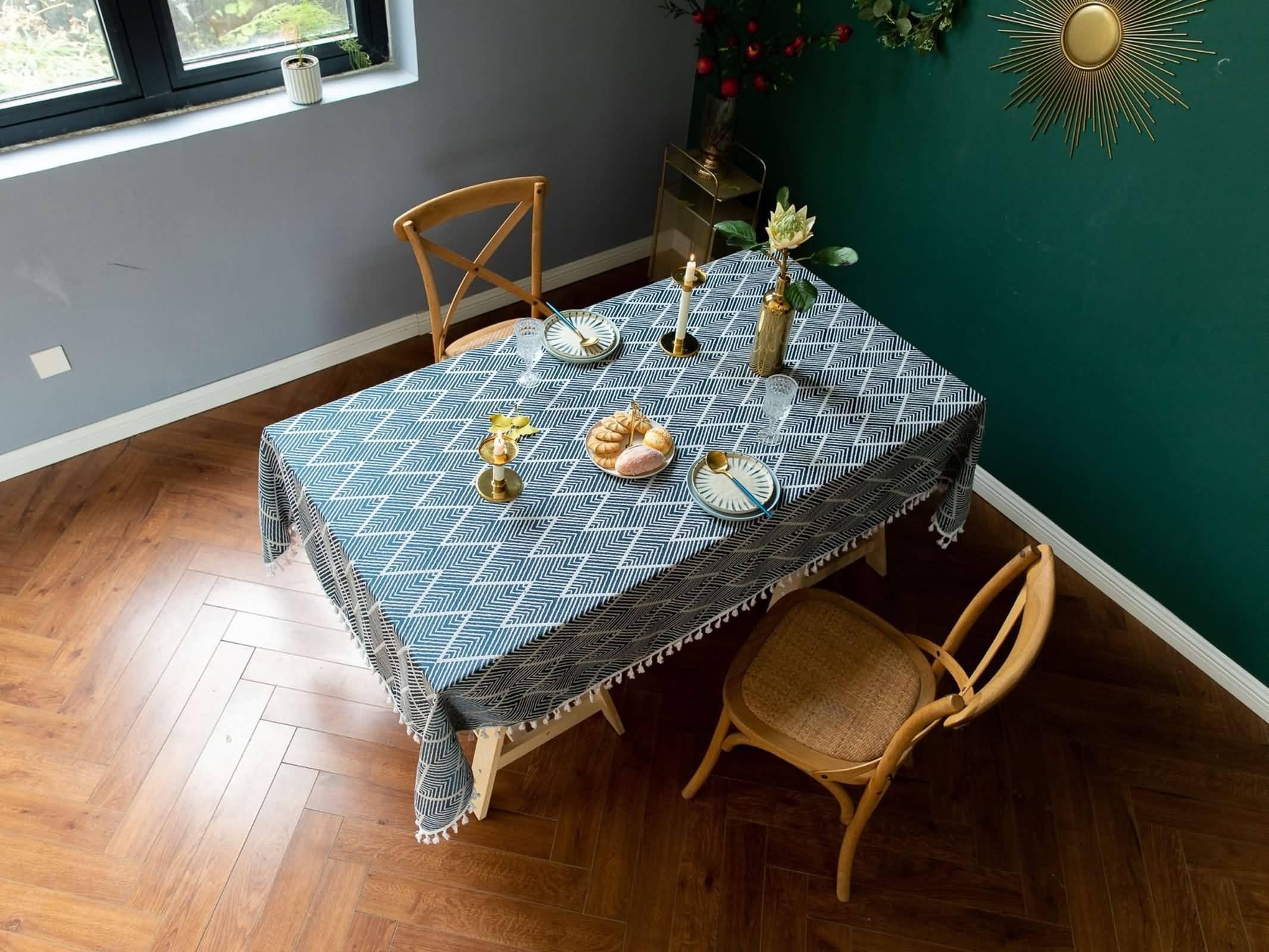 Tovaglia Decorativa Rettangolare, Tovaglie 140 x 240 cm Motivo a strisce ondulate jacquard a spina di pesce con nappa in Poliestere Tovaglia per La Decorazione della Casa CucinaBlu navy