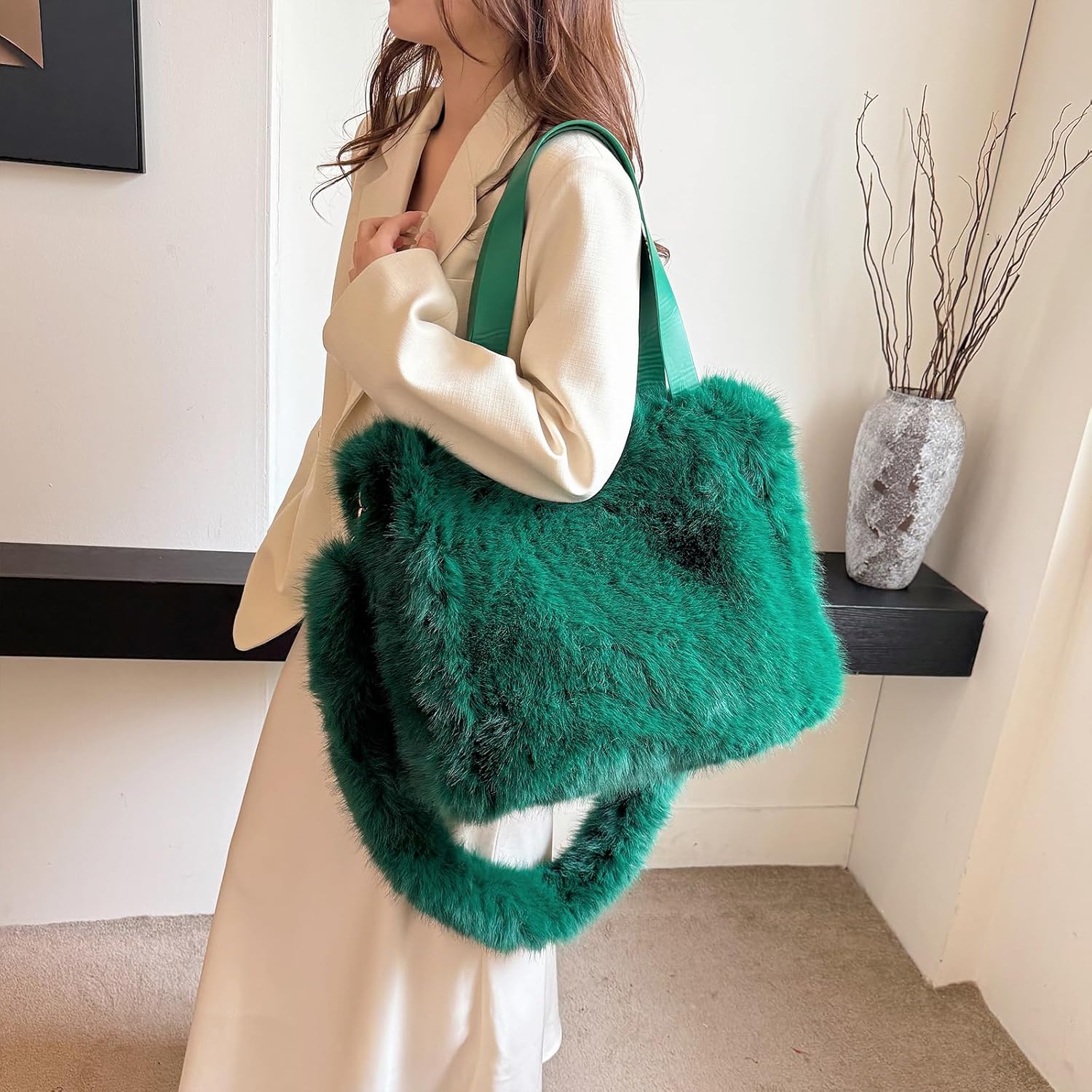 Fluffy Tote Bag Faux Fur Bag Winter Furry Purse for Women Top Handle Fuzzy Tote Bag Fur Crossbody Handbag - Image 3