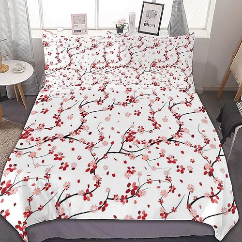 Juego de funda de edredón japonesa, diseño botánico de cerezo simple, líneas orgánicas frescas, juego de ropa de cama decorativo de 3 piezas con 2