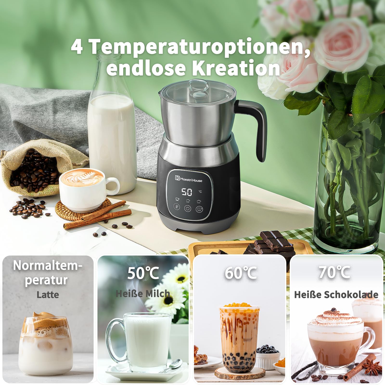 Maestri House 12-in-1 600ml Elektrischer Milchaufschäumer, Spülmaschinenfester Milchdampfer aus Edelstahl mit Variabler Temperatur und Schaum, Speicherfunktion für Latte,Heiße Schokolade,DualFro 600