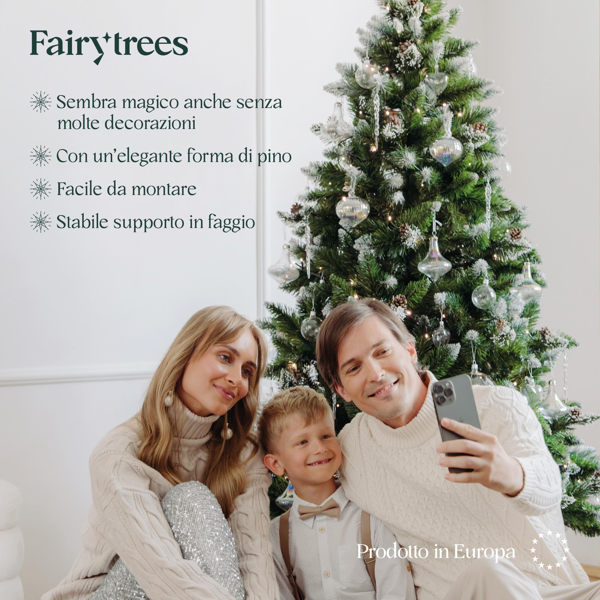 Albero di Natale artificiale FairyTrees 180cm pino naturale con supporto in legno | Abete di Natale con pigne naturali e punte bianche innevate | Facile da Montare | Prodotto in EU