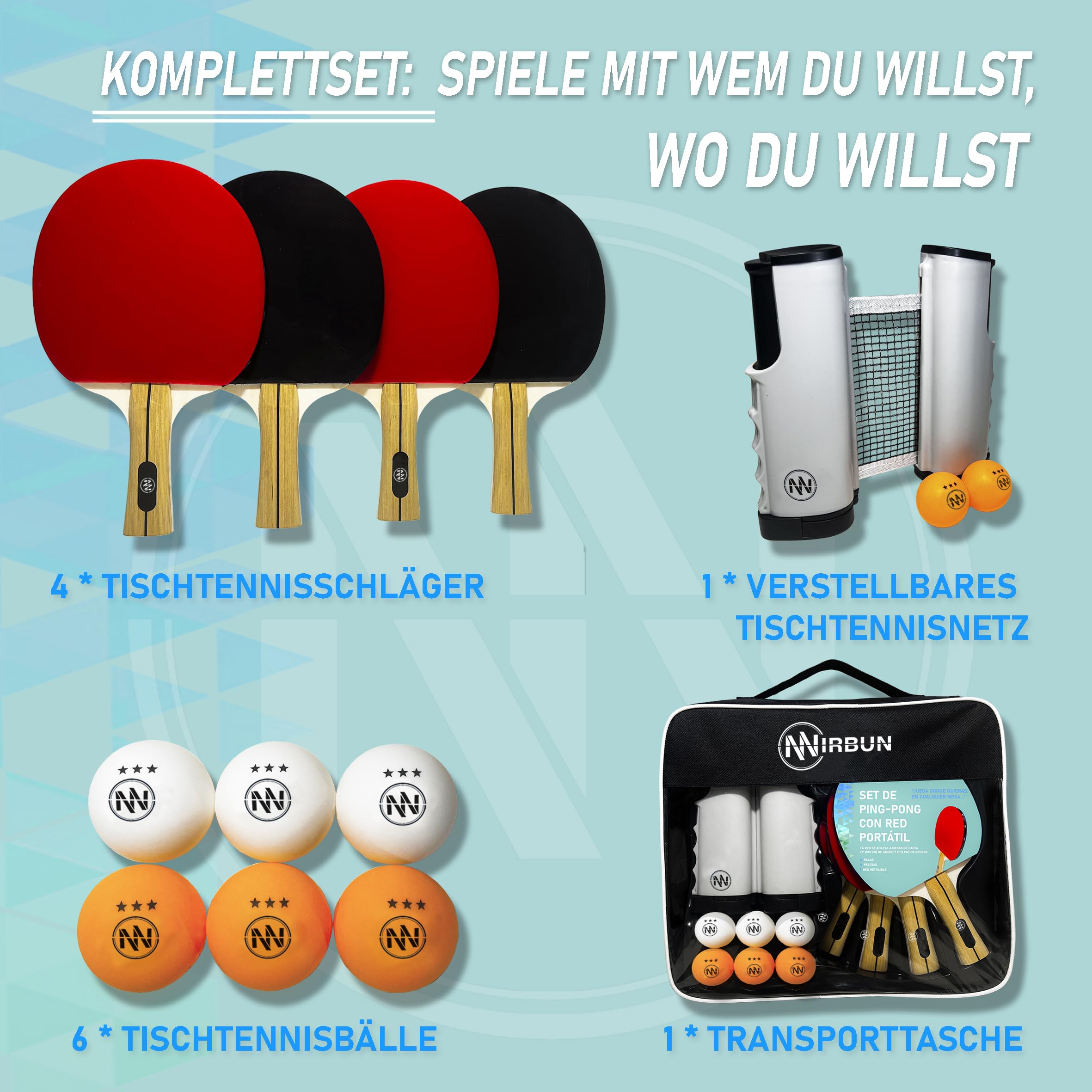 Tischtennisschläger Set mit ausziehbarem Netz, Tischtennisschläger Profi, 3-Sterne-Tischtennisbälle, Verstellbares Tischtennisnetz für jeden Tisch, Tragbares Tischtennis