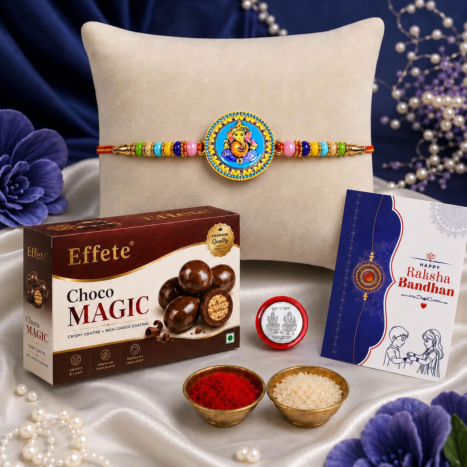 DeoDap Designer Meenakari Ganesh Ji Rakhi for Brother with Choco Magic Chocolate 32gm, Pooja Coin, Roli Chawal & Card | Rakhi with Chocolate Combo for Raksha Bandhan