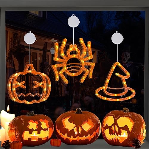 Decoraciones de Halloween, 3 piezas de calabaza naranja, araña y sombrero de bruja luces de Halloween, luces de ventana de Halloween con ventosa,