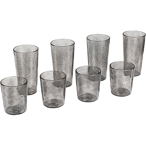 Fizz Bubbles Premium Plastic Drinkware 8 Piece set, with 4 Jumbo and 4 Double Old Fashioned Glasses, Light Gray