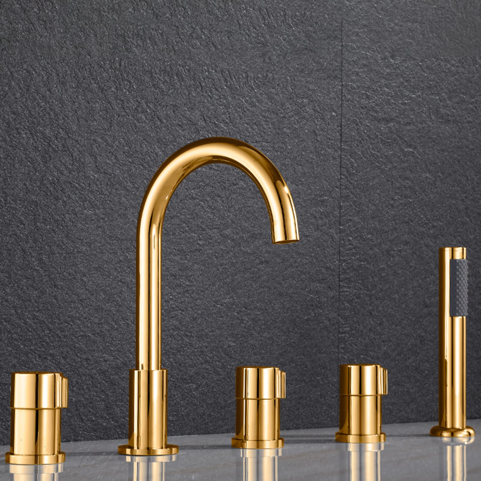 SWENEEN Modern Gold & Black Bath Mixer Tap Set With Pull-Out Hand Shower & Waterfall 5 Hole Bathroom Tub Faucet For Luxurious Spa Experience,Gold