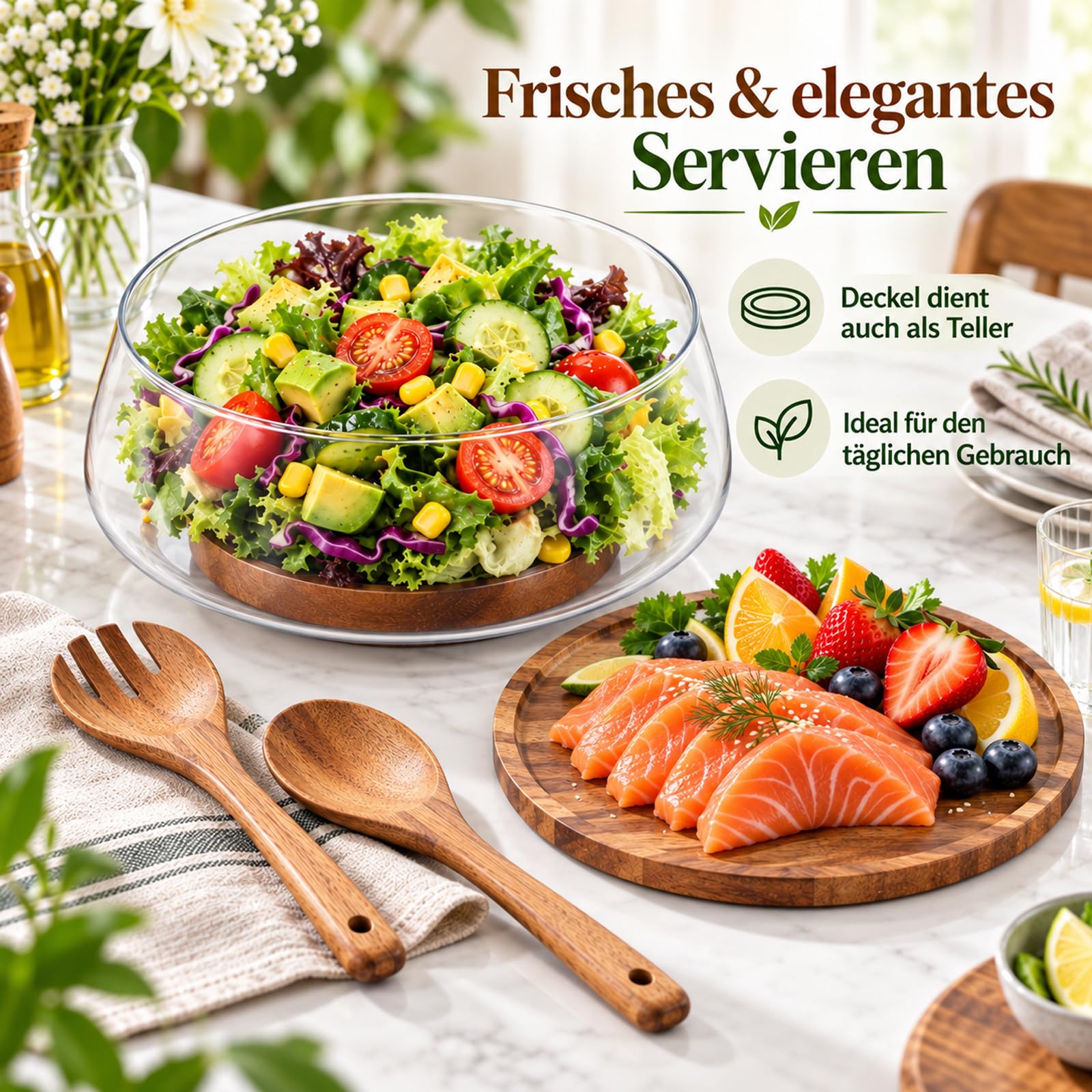 TWSOUL Zestaw misek do sałatek, 3,6 l, duża, szklana miska do sałaty, z drewnianą pokrywką i zdejmowaną drewnianą podstawą, przezroczysta miska do serwowania ze szkła na sałatkę, owoce, ciasto, stół