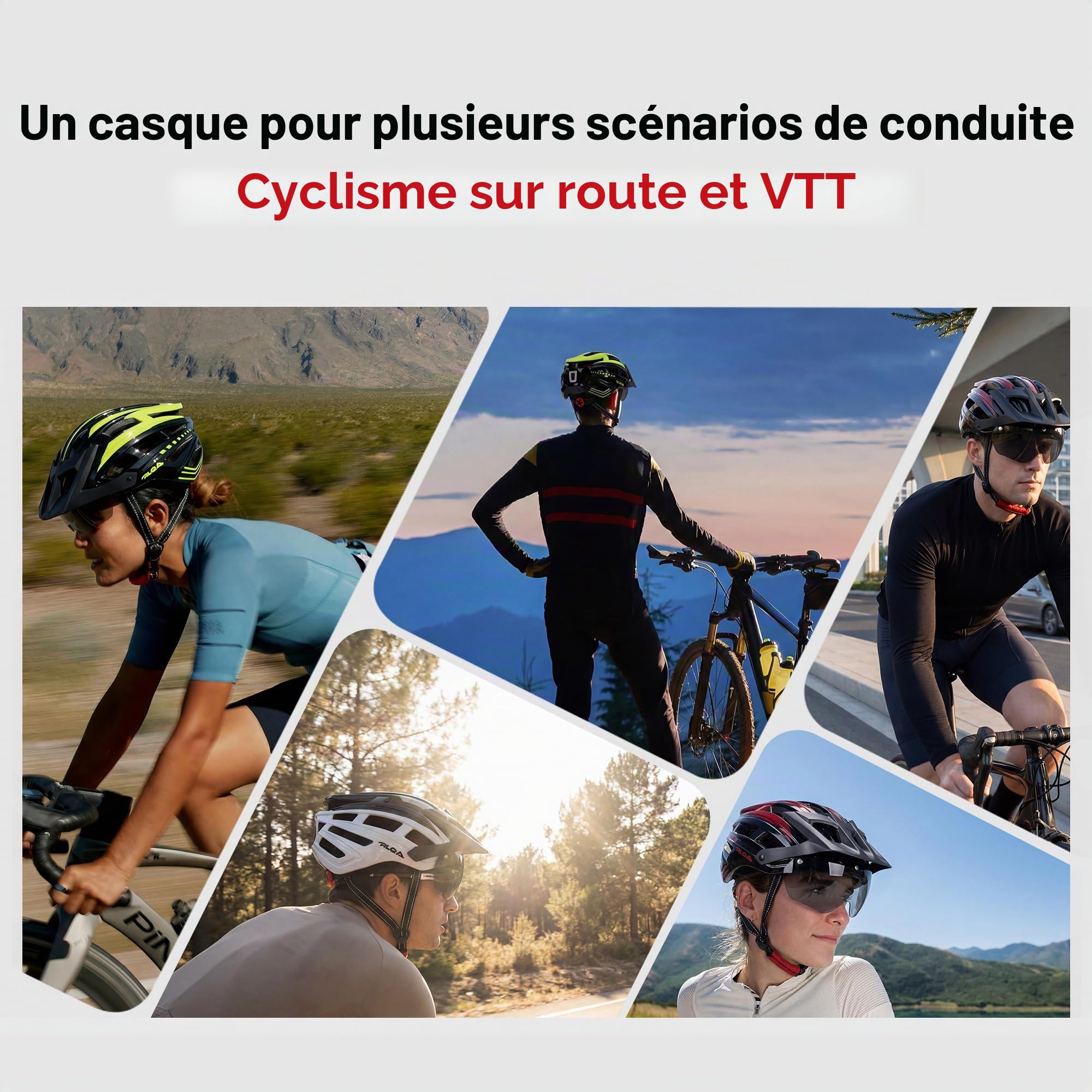 RLQA Casque Velo Homme Femme VTT Route Visière Magnétique Détachable Lunettes 24 Aérations Feu arrière LED Taille Réglable 58-61 cm Noir Rouge
