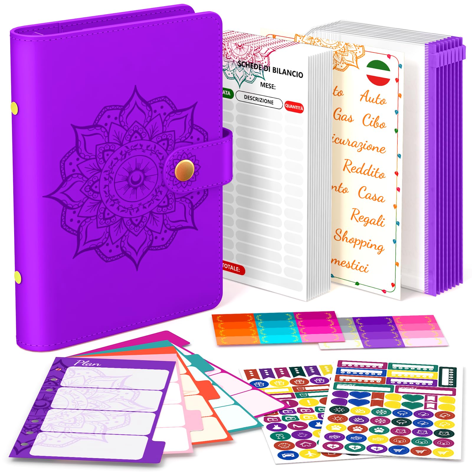 Italian Budget Folder for Planning, A6 PU Leather, Budget Sheet and DIY Stickers for Cash Budget Organiser