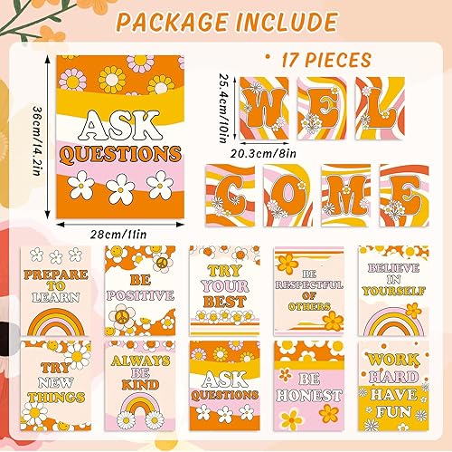 Miniatura 2 de 17 pósteres de bienvenida retro Groovy para el aula, diseño hippie de arco iris, carteles motivacionales, decoración de tablón de anuncios para el