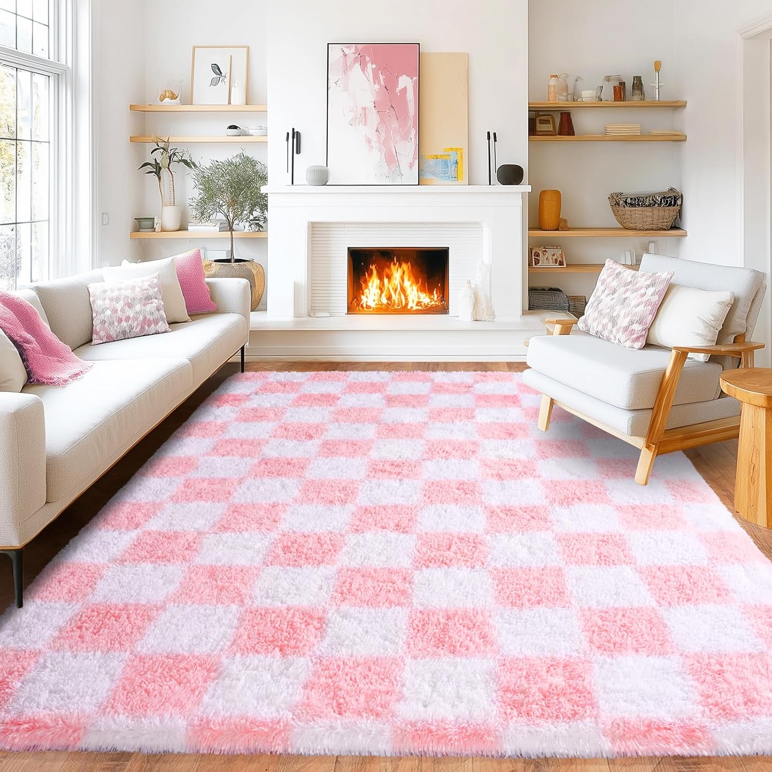 ((Similar))8x10 Area Rugs for Living Room, Fluffy Plush Checkered Rug for Bedroom, Modern Shag Non Slip Soft Furry Large Carpet for Kids Room Nursery Home Decor, Pink and White Pink & White 8' x 10' (Rectangular)