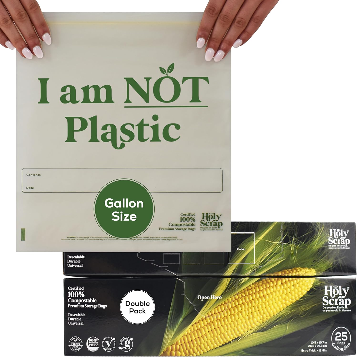 100% Compostable Food Storage Bags 1 GALLON Size – 50 Pack – Resealable Extra Strength Zip Seal Bags Made from Plants, Eco Friendly, Freezer Safe – BPI Certified, OK Compost Home