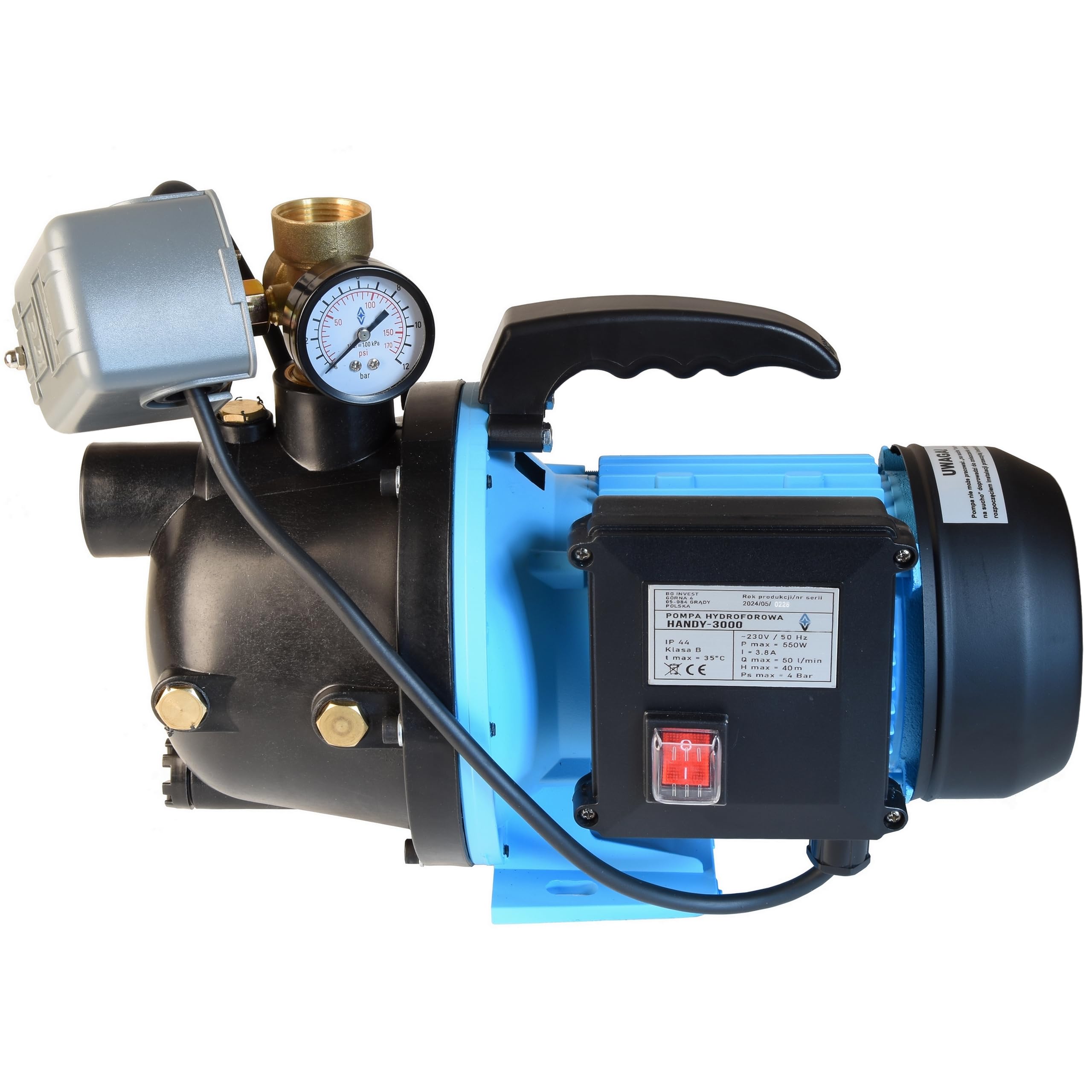 Wasserpumpe HANDY 3000 - Gartenpumpe (550W 3000l/h Förderhöhe 40m) - mit Manometer Druckschalter 5-Wege Verteiler - Tragbare - elektrische Pumpe Hauswasserwerk - für Brauchwasserversorgung Bewässerung