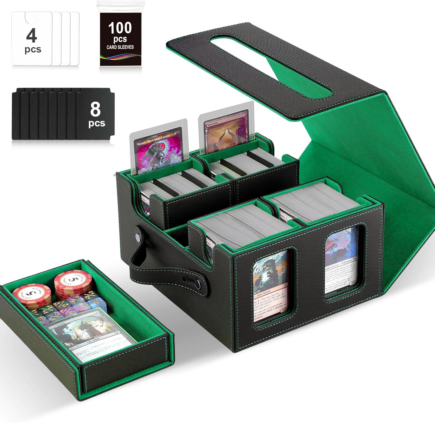 Commander Deck Box for MTG,Card Storage Box Fits 400+ Double-Sleeved Cards,5 in 1 Removable deck Case with Display Windows,for TCG/PTCG/EDH(Black & Green)