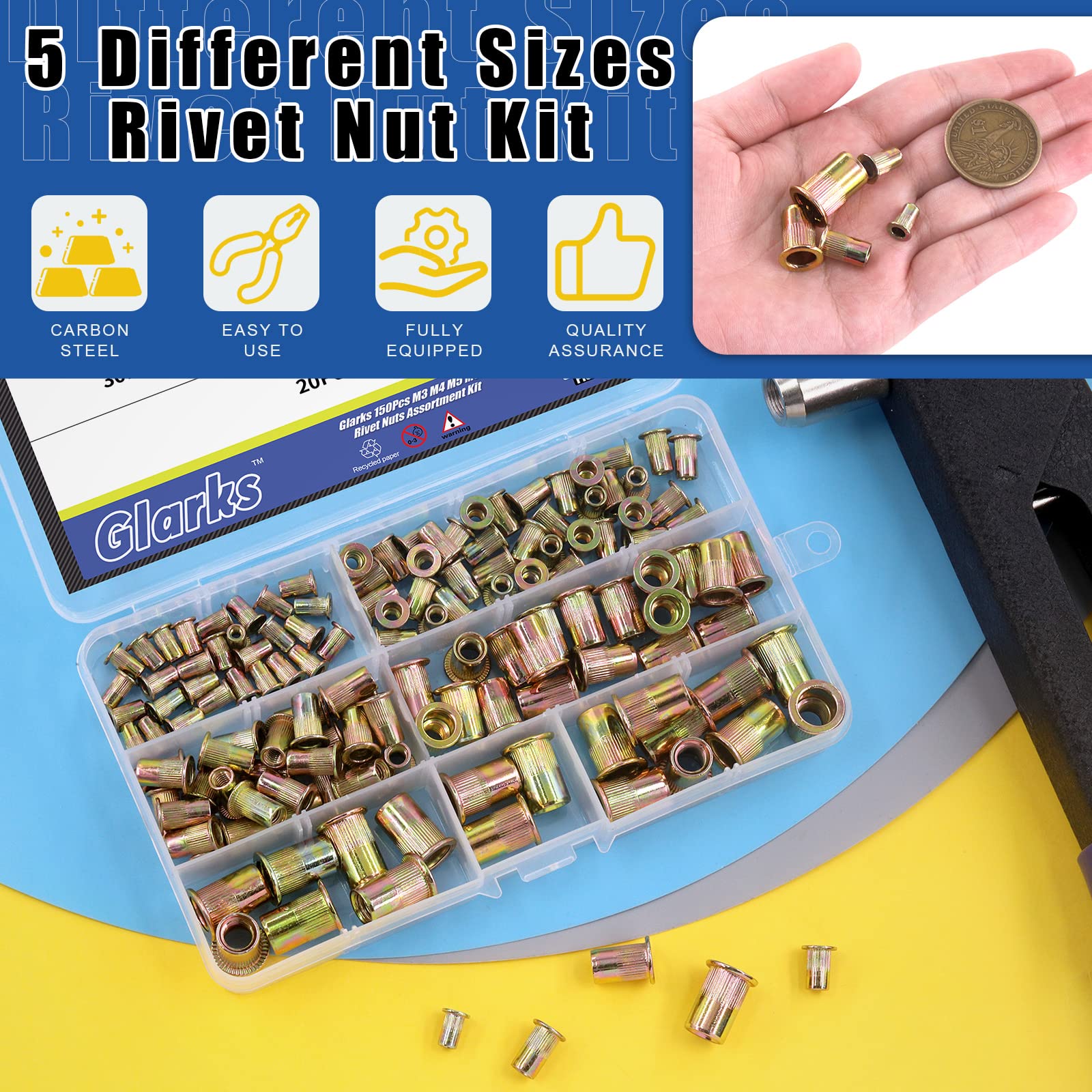 Performance Tool W2006 45-Piece SAE Threaded Insert Rivet Nut Kit | Rivet nut tool for thin metal, plastic and fiberglass. Includes 4 mandrels, 40 rivet nuts and storage case Performance Tool W2006 45-Piece SAE Threaded Insert Rivet Nut Kit | Rivet nut tool for thin metal, plastic and fiberglass. Includes 4 mandrels, 40 rivet nuts and storage case